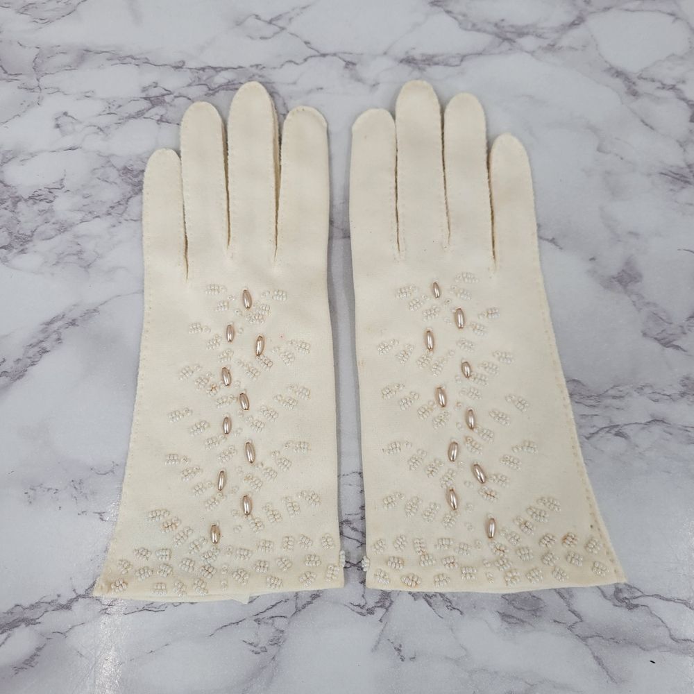 Vintage 50s English Cotton Beaded Evening Dress Formal Gloves